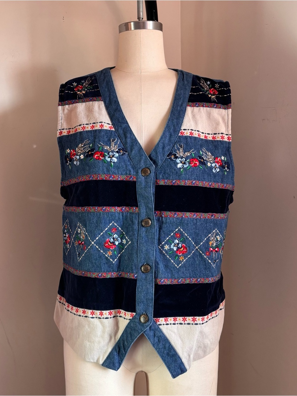 Vintage Embroidered Patchwork Denim floral embroidery and diamond patterns